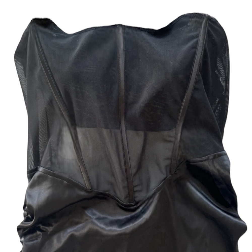 Mesh Drape Front Ruched Satin Corset Dress Black - Picture 6 of 9